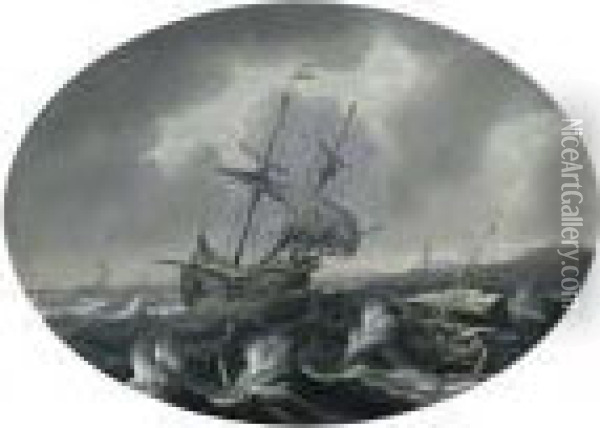 A Merchantman And Other Sailing Vessels In A Storm Near A Coast Oil Painting - Bonaventura, the Elder Peeters