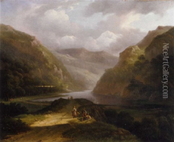 A Mountain Landscape With Countrymen Taking A Break Oil Painting - Johan Hendrik Meyer