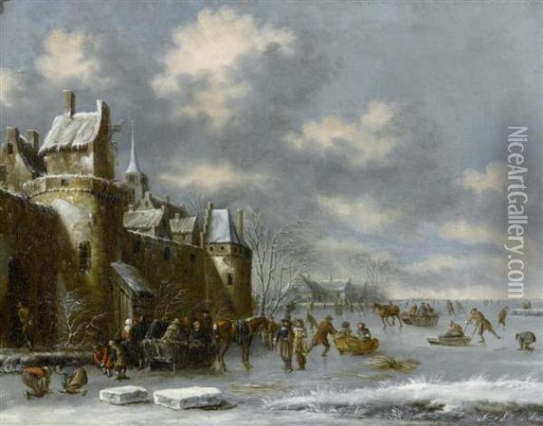 Winter Landscape With Frozen Lake And Skaters Before A Town Wall. Oil Painting - Thomas Heeremans