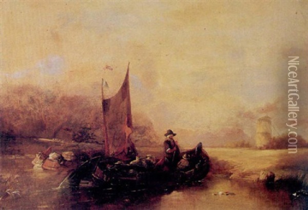 A River Landscape With Figures In A Boat In The Foreground Oil Painting - Alfred Montague