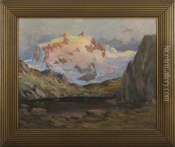 Snow-covered Mountain Landscape With Lake Oil Painting - Jean J. Pfister