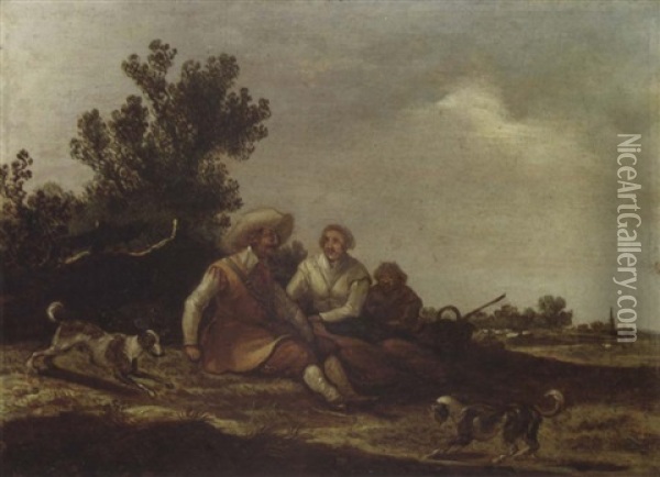 A Dune Landscape With Travellers Resting By A Fence And Dogs Playing In The Foreground, Sheep In A Meadow And A Church Spire Beyond Oil Painting - Pieter de Neyn