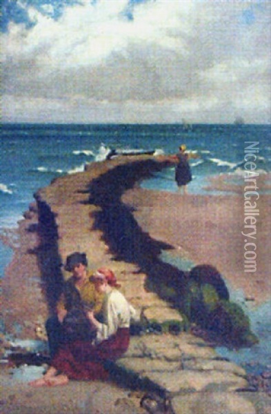 Fisherfolk By A Jetty Oil Painting - William Holyoake