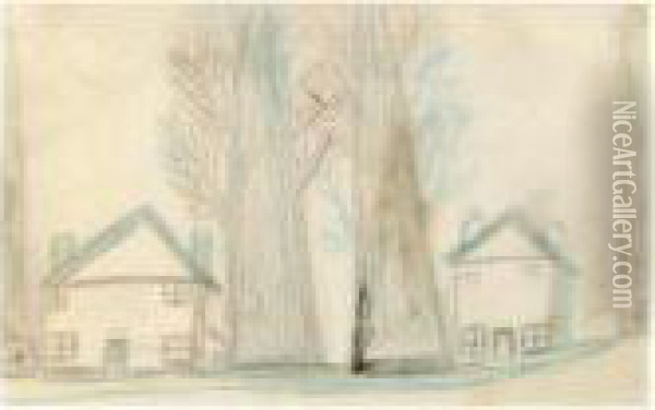 Two Houses And Two Trees Oil Painting - Alfred Wallis