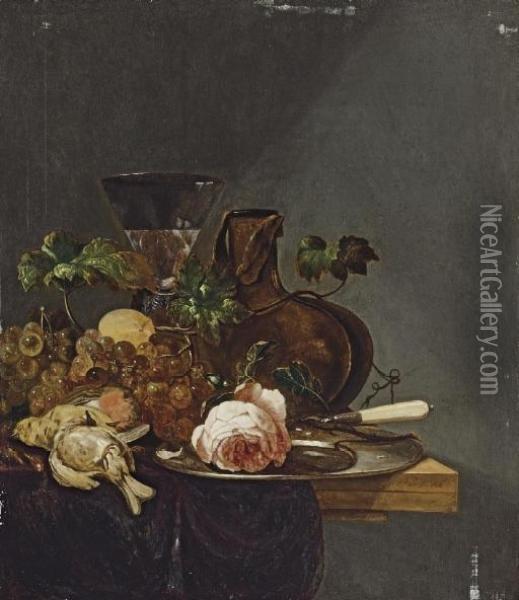 Roses, Grapes, Dead Birds And A Glass, On A Ledge Oil Painting - M. De Vries