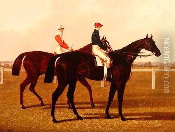 The Racehorses Charles XII and Euclid with Jockeys Up Oil Painting - Henry Hugh Armstead
