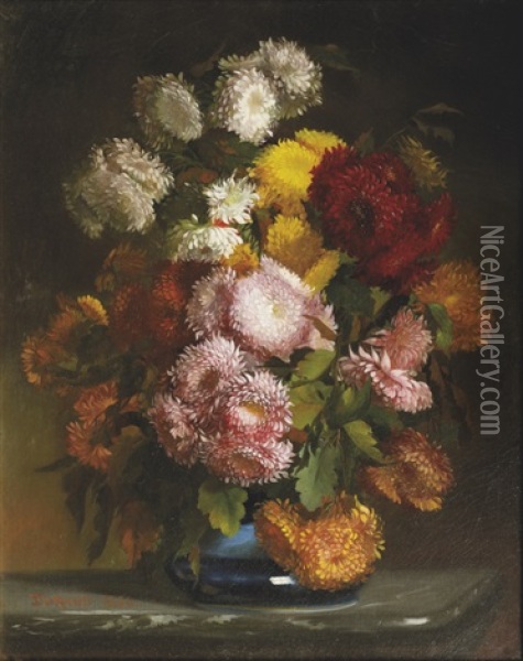 Bouquet De Chrysanthemes Au Vase Bleu Oil Painting -  Durand