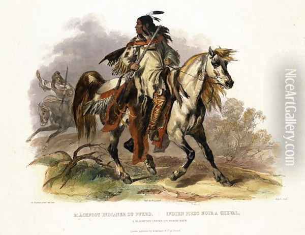 A Blackfoot Indian on Horseback, plate 19 from Volume 1 of 'Travels in the Interior of North America' Oil Painting - Karl Bodmer