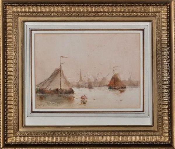 Sailing Barges In A Dutch Harbour Oil Painting - George Edward Horton