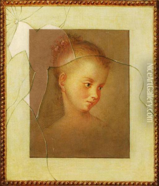 Head Study Of A Young Girl With Trompe L'oeil Of Broken Glass Oil Painting - Gabriel Gresly
