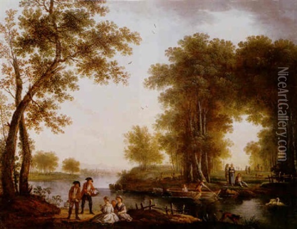 A River Landscape With Elegant Figures Beside A Ferry Oil Painting - Jean Baptiste Charles Claudot