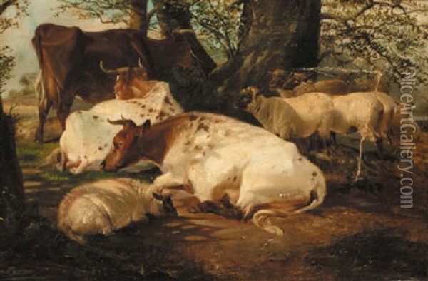 Sheep And Cattle Resting In The Shade Oil Painting - Frederick E. Valter