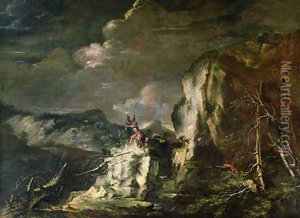 Rocky Landscape with a Huntsman and Warriors Oil Painting - Salvator Rosa