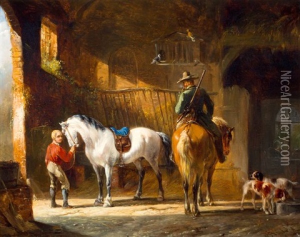 Jagers Met Paarden Op Stal Oil Painting - Pieter Frederick Van Os