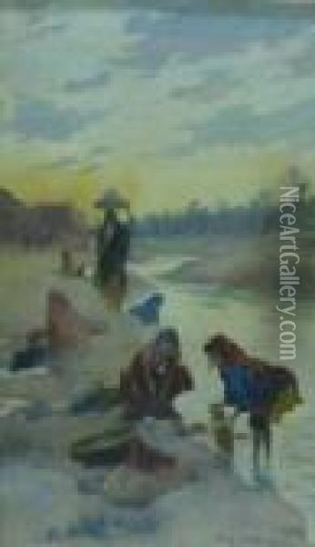 Lavandieres A Gabes Oil Painting - Georges Bertin, Dit Scott De Plagnolles