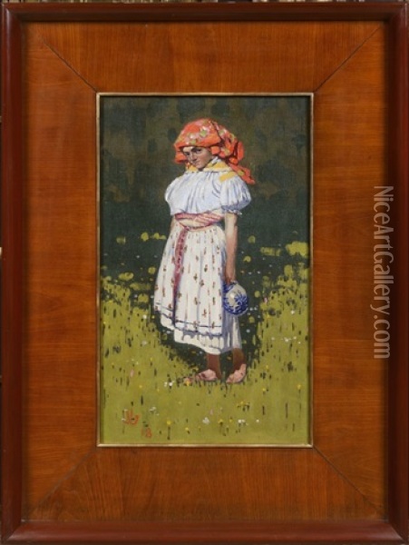 A Girl In Folk Costume Oil Painting - Joza Uprka