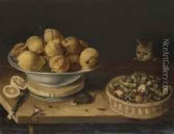 Lemons In A Bowl Standing On A Cheesebox Oil Painting - Georg Flegel