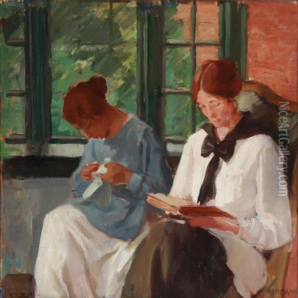 Interior With Two Reading And Sewing Women Oil Painting - Marius Hammann