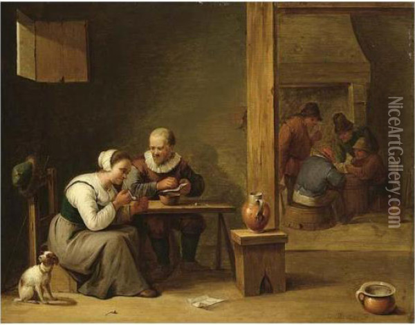 A Couple Smoking In An Inn, 
Other Peasants Playing Cards In The Background Near A Fireplace Oil Painting - David The Younger Teniers