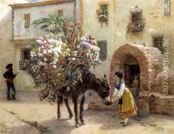 La Marchande De Fleurs A Seville Oil Painting - Paul Vayson
