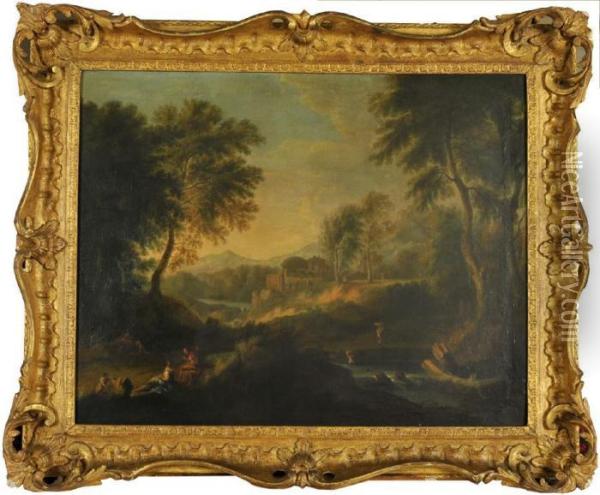 A Classical Italianate Landscape With Figures By A River Oil Painting - Francesco Zuccarelli