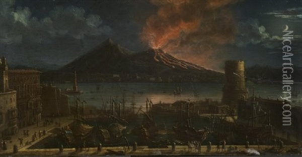 Hafen Von Neapel Und Vesuv Im Mondschein Oil Painting - Antonio Joli