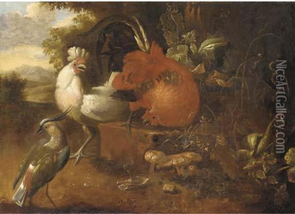 Cockerels On A Stone Block With A Lapwing In A Woodedlandscape Oil Painting - Melchior de Hondecoeter