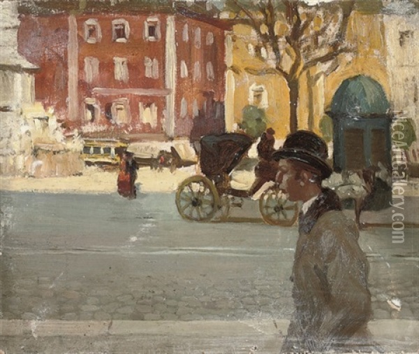 Figures In A City Street Oil Painting - Norman Garstin