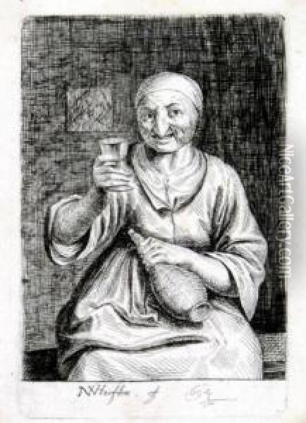 Sitzende Alte Frau Mit Glas Und Flasche Oil Painting - Nicolaes Van Haften