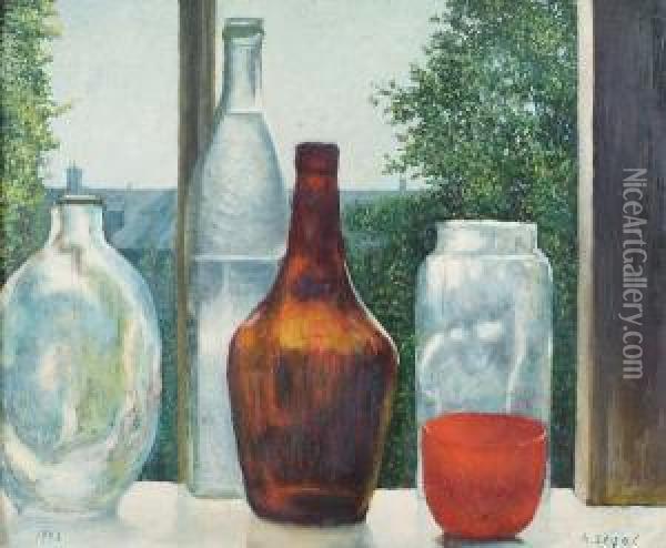 Bottles On A Window Ledge Oil Painting - Arthur Segal