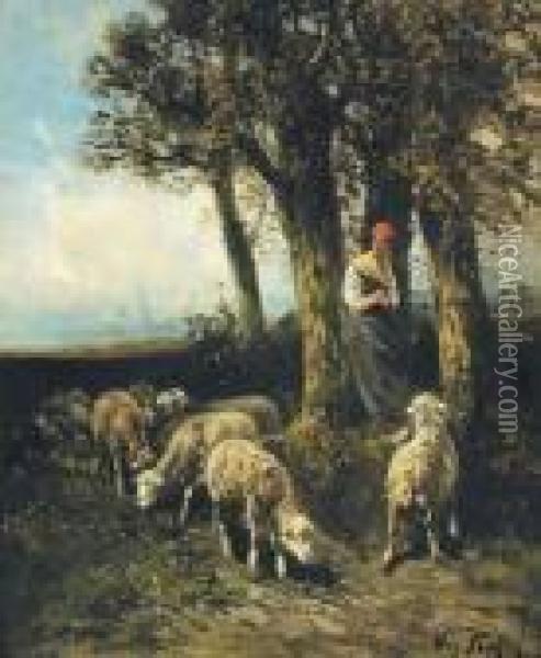 Herderin Met Kudde Oil Painting - Henry Schouten