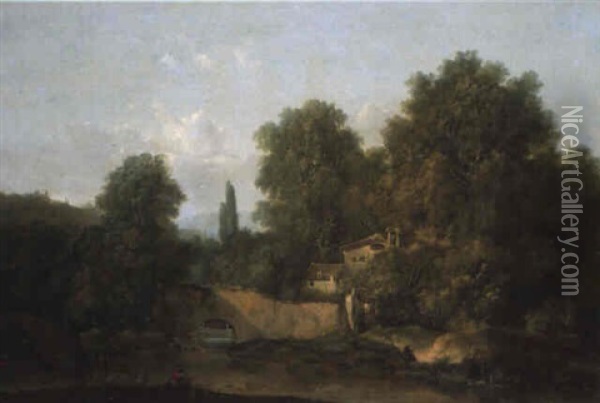 Paysage Avec Un Pecheur Au Bord D'une Riviere Oil Painting - Louis Gabriel Moreau the Elder