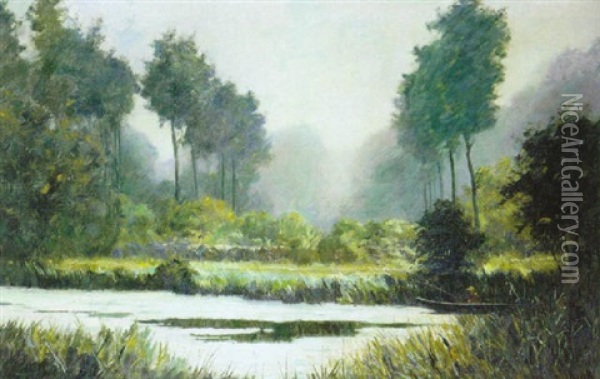 Landschap Met Vijver En Visser Oil Painting - Lucien Frank