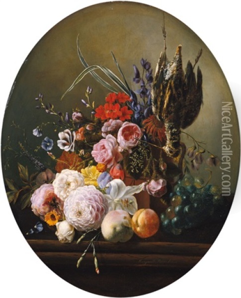 Blumen- Und Fruchtestilleben Mit Aufgehangter Bekassine Oil Painting - Margaretha Roosenboom