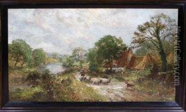A River Landscape With A Shepherd Driving His Flock Past A Farmhouse Oil Painting - John Falconar Slater