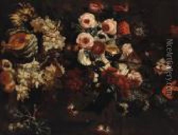 Roses, Carnations, Peonies And 
Other Flowers In An Urn With Grapes,a Melon And Peaches On A Ledge Oil Painting - Abraham Brueghel