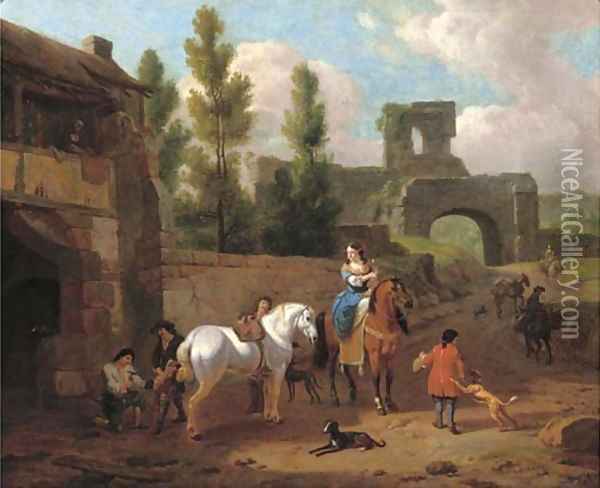 An elegant riding party at a blacksmith outside the walls of a town Oil Painting - Abraham Jansz. Begeyn