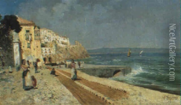 Sulla Spiaggia Ad Amalfi Oil Painting - Alceste Campriani