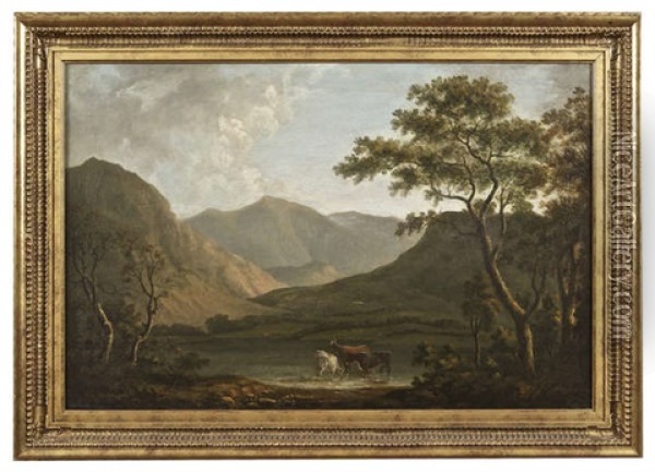 Lake Landscape With Castle Oil Painting - George Barret