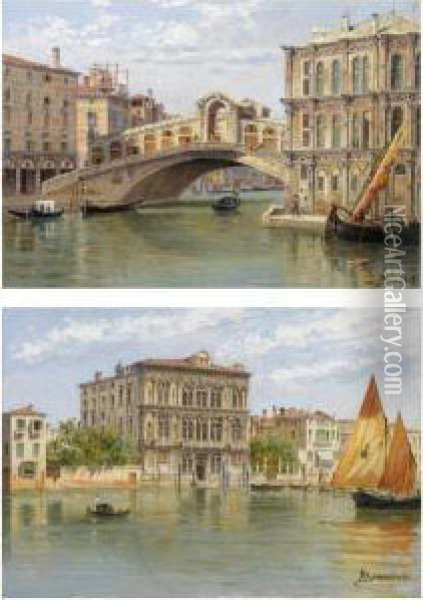 The Rialto Bridge And Palazzo Camerlenghi And The Ca' Vendramincalergi, Venice; A Pair Oil Painting - Antonietta Brandeis