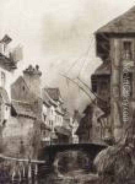Des Maisons Traversees Par Un Canal Dans Un Village Oil Painting - Charles Euphrasie Kuwasseg