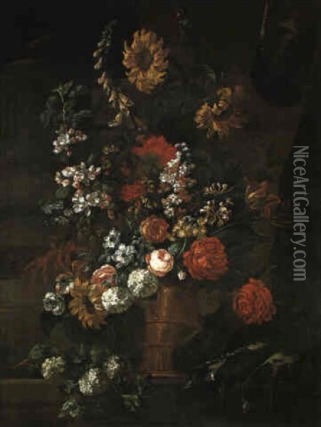 Roses, A Foxglove, Blossom, Poppies, Honeysuckle And Others In A Bronze Urn Oil Painting - Pieter Casteels III