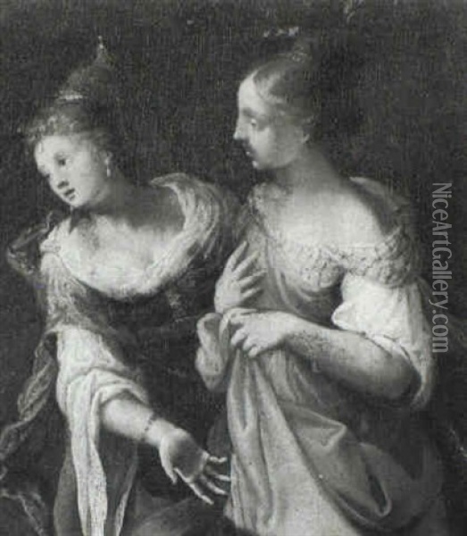 Two Elegant Ladies Discoursing Oil Painting - Giovanni Andrea Ansaldo