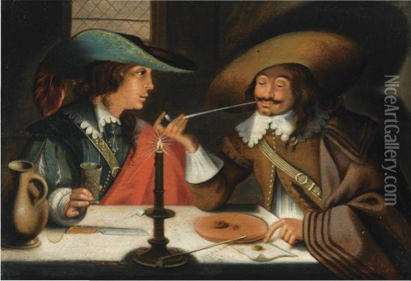 Two Cavaliers Seated At A Table Smoking And Drinking Oil Painting - Wolfgang Heimbach