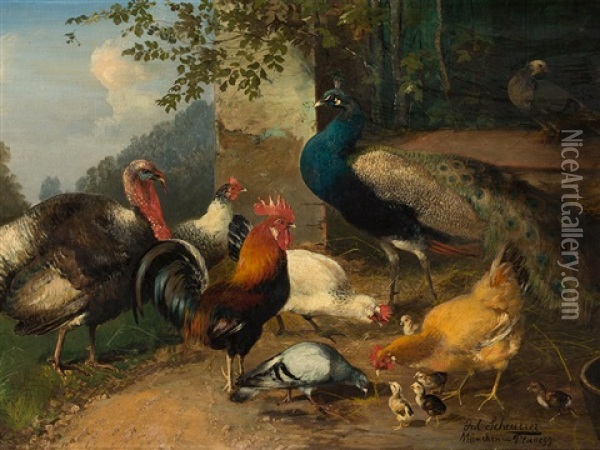 Birdyard Oil Painting - Julius Scheuerer