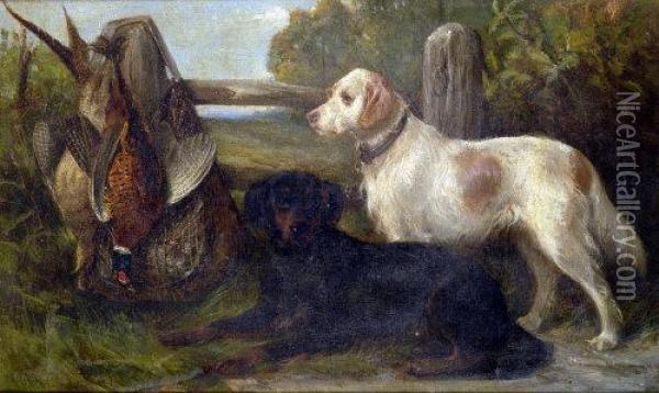 Left In Charge, Gun Dogs With The Days Bag Oil Painting - Edward R. Breach