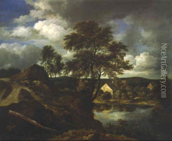 A Rocky River Landscape With A Shepherd On A Track And Cottages Beyond Oil Painting - Jacob Van Ruisdael