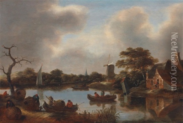 A Canal Landscape With A Windmill Oil Painting - Nicolaes Molenaer