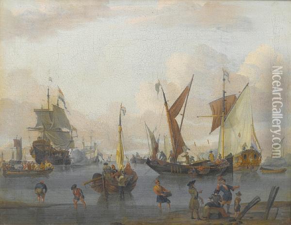Figures Loading Barges With Shipping At Anchorbeyond Oil Painting - Abraham Storck