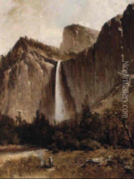 Indians Beside The Merced, Bridal Veil Falls Oil Painting - Thomas Hill